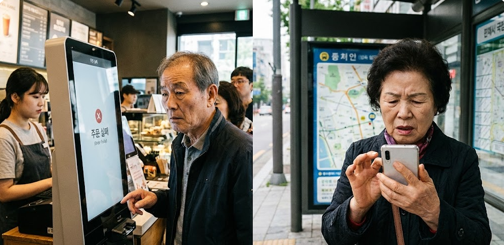 키오스크와 휴대폰을 사용하는 노인들이 무력감을 느끼는 사진