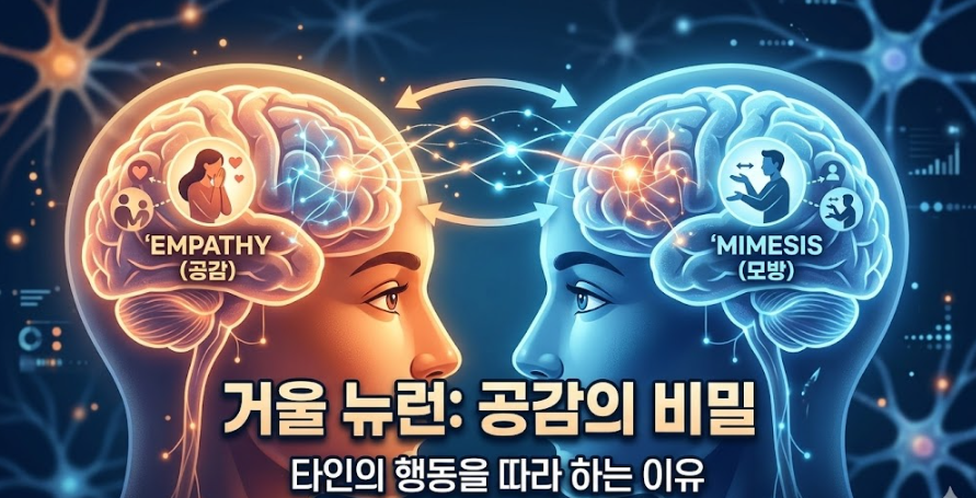 거울 뉴런의 작동 원리와 공감 능력을 설명하는 뇌과학 일러스트