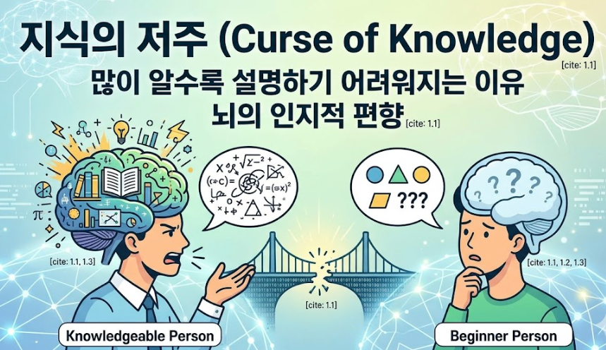 식의 저주 편향과 소통 단절 메커니즘을 설명하는 인지 심리학을 나타내는 이미지