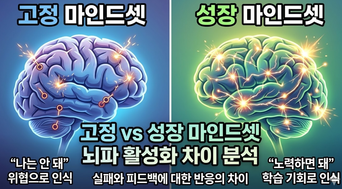 고정 마인드셋과 성장 마인드셋의 뇌파 활성화 반응 차이 분석에 대한 이미지
