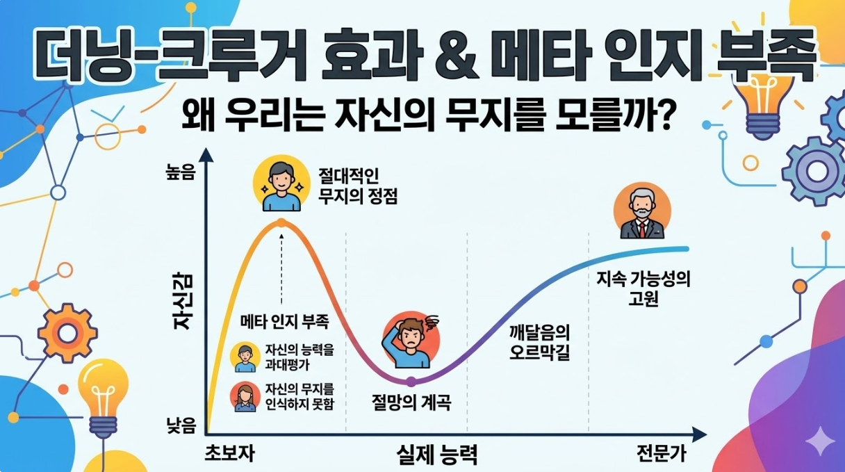 더닝-크루거 효과 곡선과 메타 인지 부족을 설명하는 심리학 그래프