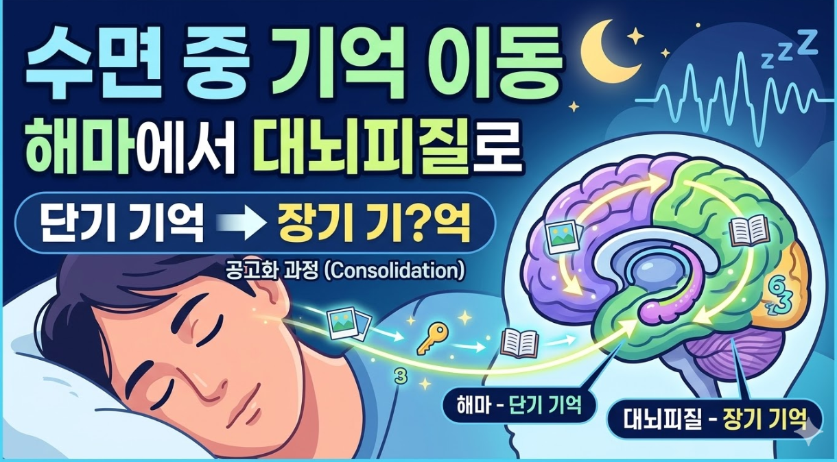 수면 중 해마에서 대뇌피질로 단기 기억이 장기 기억으로 이동하는 콘솔리데이션 과정 이미지