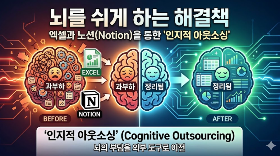 온라인 스토어 매출 관리 시스템화와 결정 피로 감소 효과(인지적 아웃소싱)를 설명하는 이미지