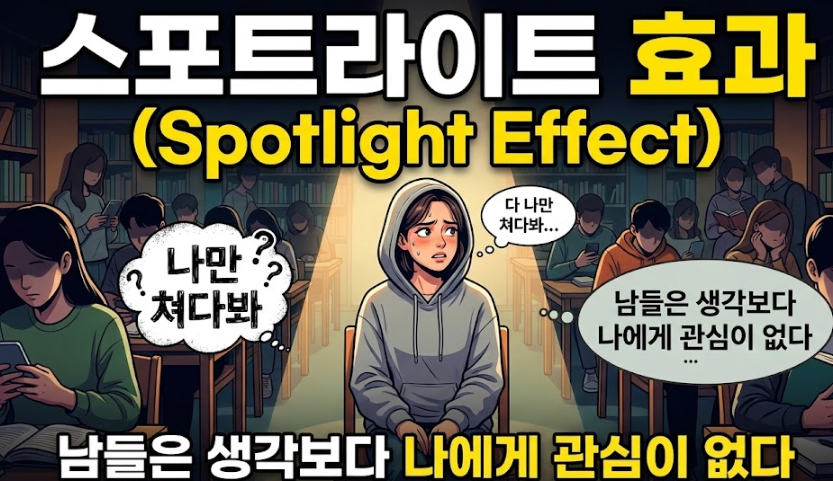 스포트라이트 효과와 자기중심적 사고를 설명하는 심리학 일러스트